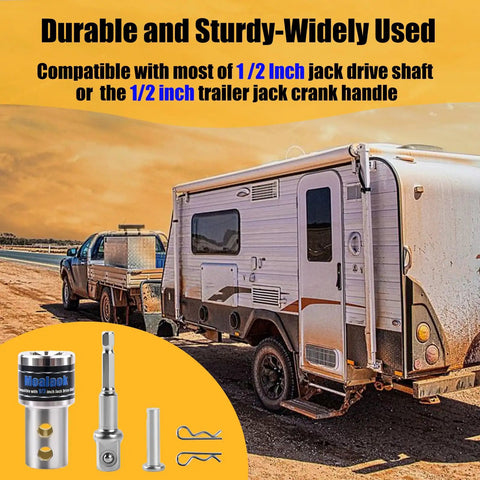 Built Tough Heavy Duty Stainless Steel Trailer Jack Crank Handle Power Drill Adapter With Half Inch Socket Bit for use with RV trailers.