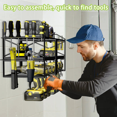 Heavy Duty Wall Mounted Power Tool Organizer Rack With Six Drill Holders For Cordless Drills Three Layer Metal Tool Storage