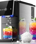 Smooth Crew Countertop Nugget Ice Maker With Tap On Dispenser, stainless steel, dispensing soft chewable ice for drinks.