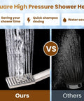 Comparison of square high pressure shower heads with Dual Shower Head System With 8 Inch Square Rainfall Head And Handheld Spray 60 Inch Hose 3 Way Diverter Wall Mount Bracket Brushed Nickel Finish For A Dope Spa Like Bath Upgrade on left and round one on right