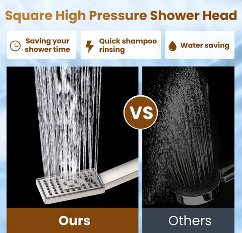 Comparison of square high pressure shower heads with Dual Shower Head System With 8 Inch Square Rainfall Head And Handheld Spray 60 Inch Hose 3 Way Diverter Wall Mount Bracket Brushed Nickel Finish For A Dope Spa Like Bath Upgrade on left and round one on right