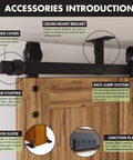 Black Rustic Ceiling Mount Double Track Bypass Sliding Barn Door Hardware Kit For Two Doors 6 Ft, accessory installation details