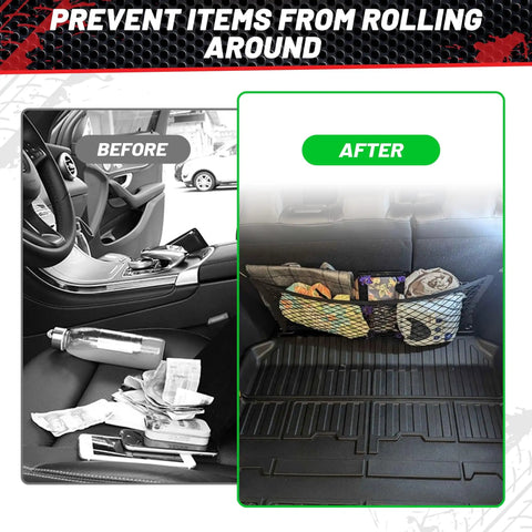 Universal Elastic Cargo Net Pocket Mesh Organizer For Car Trunk RV And Boat Storage With Screws And Hooks Twenty Five Point Six Inch By Nine Point Eight Inch shown installed with tidy storage