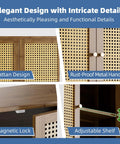 Rattan And Bamboo Bathroom Wall Cabinet With Doors And Shelves For Over Toilet Space Saving Hanging Storage Organizer In Walnut Finish With Adjustable Interior Shelves Fixed Top And Open Lower Shelf close-up of design details including rattan, metal handles, magnetic lock, and adjustable shelf.