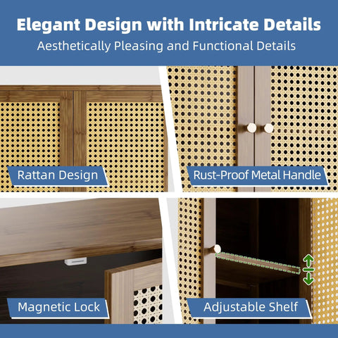 Rattan And Bamboo Bathroom Wall Cabinet With Doors And Shelves For Over Toilet Space Saving Hanging Storage Organizer In Walnut Finish With Adjustable Interior Shelves Fixed Top And Open Lower Shelf close-up of design details including rattan, metal handles, magnetic lock, and adjustable shelf.