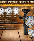 Hydraulic Nitrogen Pressure Gauge Test Kit with three gauges 0-100 BAR 1500 PSI, 0-250 BAR 3600 PSI, 0-400 BAR 6000 PSI.