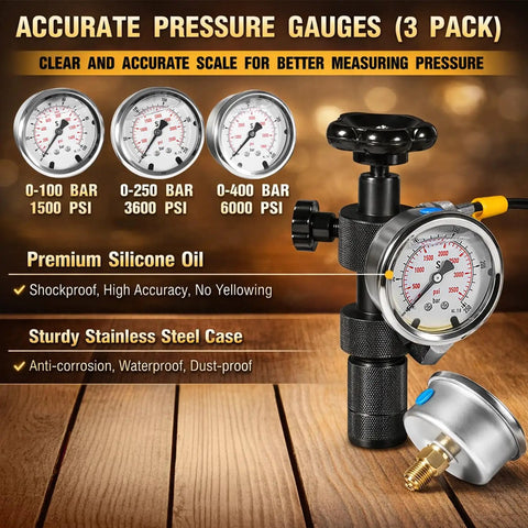 Hydraulic Nitrogen Pressure Gauge Test Kit with three gauges 0-100 BAR 1500 PSI, 0-250 BAR 3600 PSI, 0-400 BAR 6000 PSI.