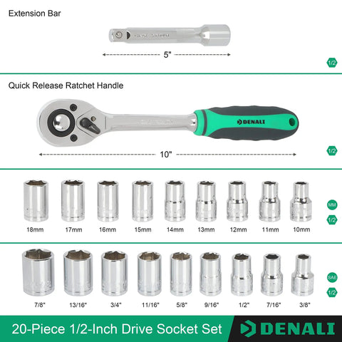 Half Inch Drive Socket Set With Holder 20 Piece Pro Grade Heavy Duty Chrome Finish Heat Treated Carbon Steel Construction Rust Resistant Storage Case Ideal For Home Garage Repairs Maintenance And General Use product layout