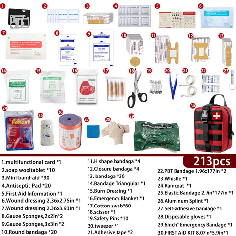 Front view of Universal IFAK Trauma First Aid Kit in red MOLLE bag with 213-piece emergency medical supplies
