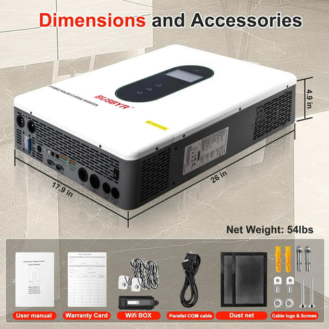 12,000W Hybrid Solar Inverter For Home And RV, 48V DC To 120V/240V AC Pure Sine Wave, with included accessories