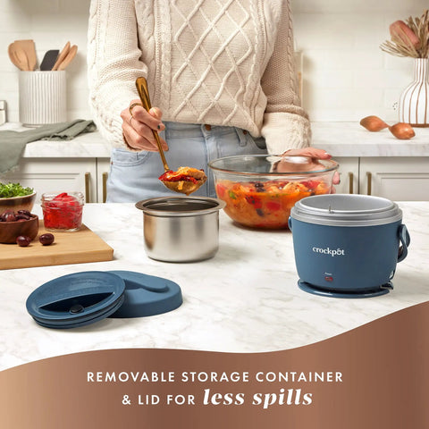 Person serving meal into portable 20-ounce electric food warmer personal lunch box keeps food spill-free and warm ideal for travel.