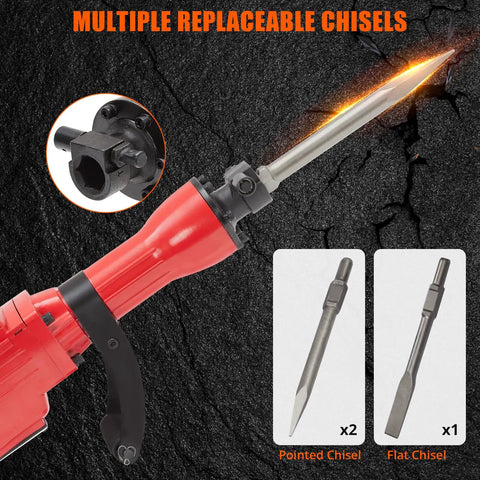 Heavy Duty Concrete Breaker Jack Hammer With 1700W Demo Power And Three Piece Chisel Bit Kit showing multiple replaceable chisel tips.