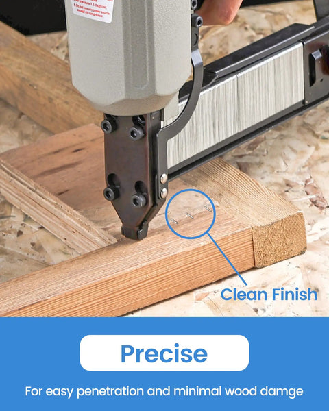 Premium Pro Grade 18 Gauge Narrow Crown Staples 1-1/4 Inch Length 1120 Count being used with a tool for precise fastening.