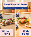 Ziruma Non Toxic Electric Vacuum Pump Auto Seal Rechargeable Sealer Only For Food Storage Keep Cheese Meat Veggies Fresh 5x Longer showing fresh salmon and veggies sealed in a container with pump.
