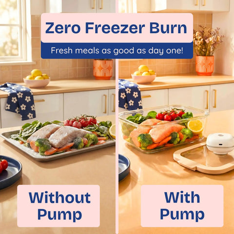 Ziruma Non Toxic Electric Vacuum Pump Auto Seal Rechargeable Sealer Only For Food Storage Keep Cheese Meat Veggies Fresh 5x Longer showing fresh salmon and veggies sealed in a container with pump.