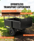 Heavy Duty ATV Trailer Steel Dump Cart 750 Lb Capacity 15 Cu Ft with removable sides, shown on grass with steel frame and tires