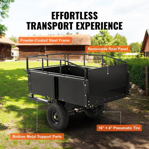Heavy Duty ATV Trailer Steel Dump Cart 750 Lb Capacity 15 Cu Ft with removable sides, shown on grass with steel frame and tires