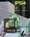 3x360 Degree Green Laser Level With 3D Self-Leveling Cross Lines on rocky surface, showing IP54 waterproof feature.