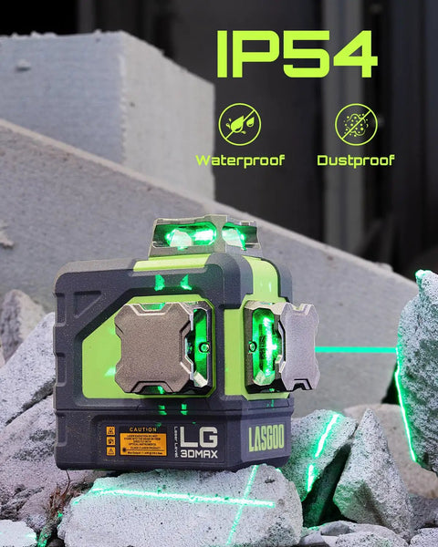 3x360 Degree Green Laser Level With 3D Self-Leveling Cross Lines on rocky surface, showing IP54 waterproof feature.
