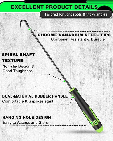 12 Piece Mechanic Pick Set With Long And Mini Picks Pro Grade Alloy Steel Non Slip Grip Rust Resistant Hook Tools For Precision Work And Quick Auto And Electronics Repairs, close-up of one long hooked pick with rubber handle