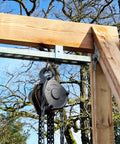 Heavy Duty 1-5/8 Inch Strut Channel Trolley Hanger Bracket Set Featuring High-Strength Solid Steel Construction With Cold Galvanized Finish For Superior Rust Resistance And Durable Performance On UNISTRUT Tracks Perfect For Hoists Sandbags Roller with pulley system attached