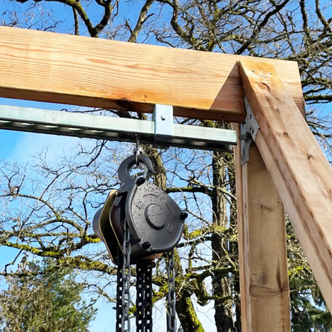 Heavy Duty 1-5/8 Inch Strut Channel Trolley Hanger Bracket Set Featuring High-Strength Solid Steel Construction With Cold Galvanized Finish For Superior Rust Resistance And Durable Performance On UNISTRUT Tracks Perfect For Hoists Sandbags Roller with pulley system attached