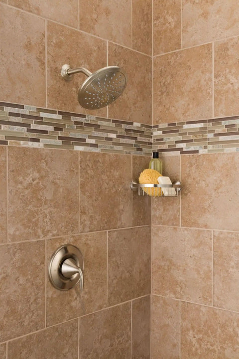 Wynford Corner Shower Basket In Brushed Nickel For Bathroom Storage, Tough Metal Mounting Post For Secure Mount, holding toiletries.