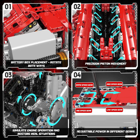 Mould King V12 Engine Model Kit That Runs With Battery And Gearshift, motorized building blocks showing battery, pistons, gears.