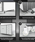 Kick Ass Heavy Duty Furniture Movers And Sliders Kit With 5 Wheel Dollies demonstrating step-by-step furniture moving instructions.