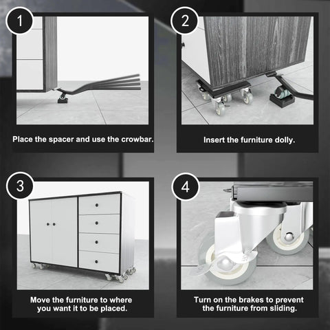 Kick Ass Heavy Duty Furniture Movers And Sliders Kit With 5 Wheel Dollies demonstrating step-by-step furniture moving instructions.