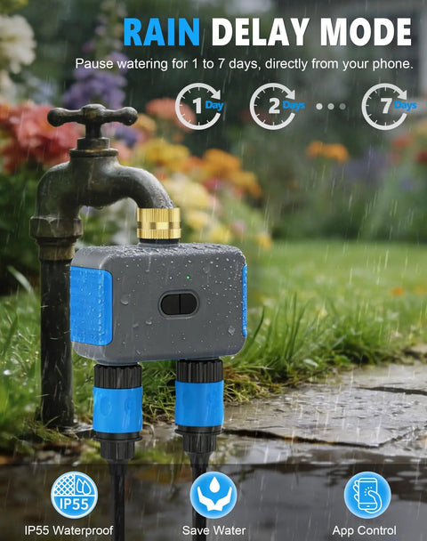2 Zone WiFi Sprinkler Timer With App Control, Bluetooth Hose Timers showing Rain Delay Mode feature in outdoor garden setup