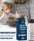 Hassle Free Nine Parameter Heavy Metal Water Test Strips At Home Water Quality Checks With 100 Sheets next to a child using a faucet.