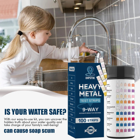 Hassle Free Nine Parameter Heavy Metal Water Test Strips At Home Water Quality Checks With 100 Sheets next to a child using a faucet.
