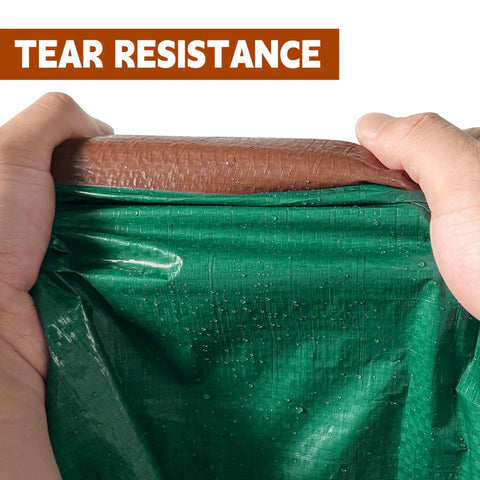 Hands holding green and brown 5x7 Ft Waterproof Tarp Built With 7 Mil Thick Poly, showing tear resistance and water droplets.