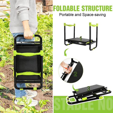 Person holding Sturdy 10.9 Inch Foldable Garden Kneeler And Seat With Extra Thick Cushions Heavy Duty Garden Stool for kneeling or sitting
