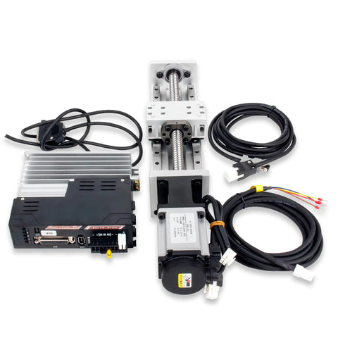 Beefy ZBX80 Plus Servo Linear Actuator CNC Stage With 200mm Stroke, cables and control unit, horizontal layout view.