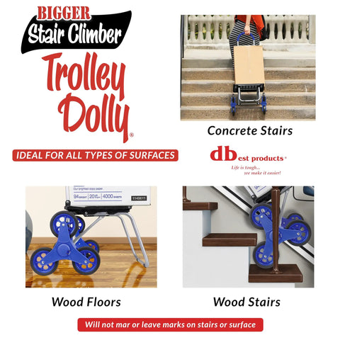 Stair Climber Bigger Trolley Dolly Foldable Shopping Cart with Six Wheel Design for easy stair climbing shown on concrete and wood surfaces