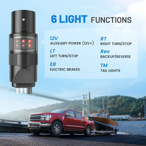 360 Degree Rotatable 7-Pin And 4-Pin Trailer Wiring Tester With 6 LED Indicators Swivel 7-Way To 4-Way Plug Adapter For Tow Hitch RV Truck Trailer Wiring Sockets, black plastic, 6 light functions