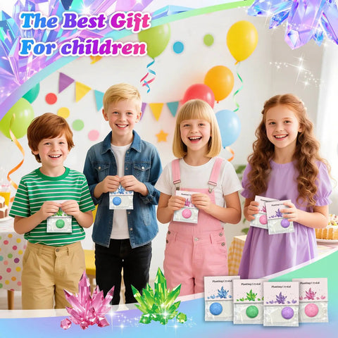 Children holding Crystal Growing Science Kit For Kids 16 Piece Party Favors Totally Great For Classrooms in a festive setting.