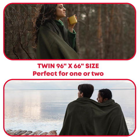 Two people wrapped in a Hardcore Wool Blanket For Outdoors And Survival, Washable 80 Percent Wool, 96 By 66 Inches, Olive Drab Green