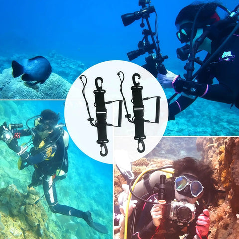 Two Pack Stainless Steel Scuba Diving Lanyards With Coiled Design And Quick Release Buckle For Cameras And Dive Lights Heavy Duty Nylon Sheath And Durable Clip For Underwater Adventures displayed alongside divers using cameras underwater