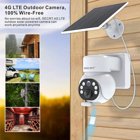 Wire Free 4G LTE Outdoor Security Camera with Solar Power mounted on wall with SIM slot and multiple view scenarios shown.