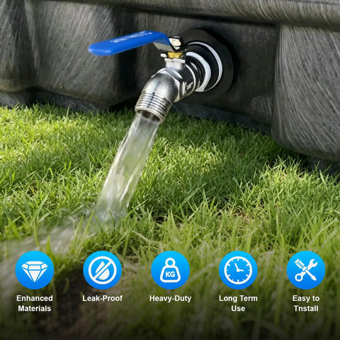 Stock Tank Drain Plug Kit Compatible With Popular Rubbermaid Stock Tanks 50-300 Gallon showing stainless hose faucet connector