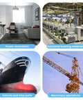 Collage with home renovation, industrial building materials, ship parts, and machinery operations.