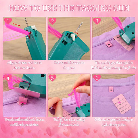 Tagging Gun For Clothing Kit With 5 Needles 3000 Barbs 100 Price Tags 200 Snap Lock Pins visual instructions usage guide.