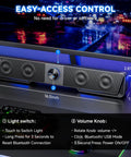Clear Sound Bluetooth Computer Speakers With USB Plug And Play LED Light Bar For Desktop Laptop And Monitor Dual 5W Full Range Sound USB C Adapter Included Easy Switch Button Perfect For Gaming Music And Movies, showing front LED light bar and control knobs.