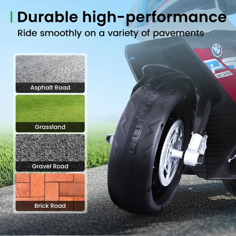 BMW Licensed 12V Kids Electric Ride On Motorcycle rear wheel detail with diverse terrain options, Charm Red.