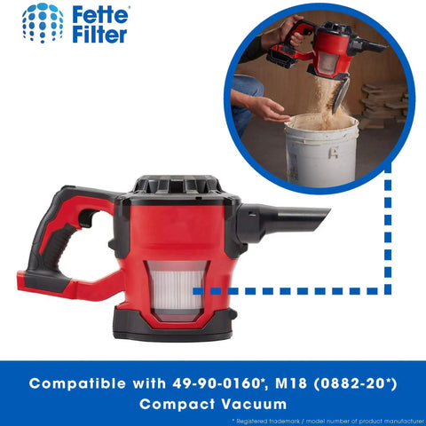 Milwaukee M18 Compact Vacuum with HEPA filter replacement 49-90-0160, showing dust handling, compatible with 0882-20.