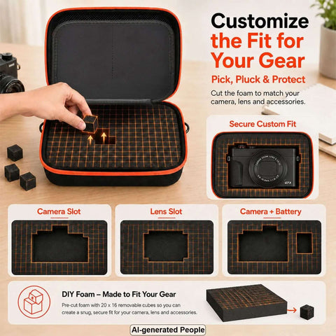 Rugged Hard Shell Case With Custom Cut Foam For Compact Mirrorless Cameras And Photo Gear Boss Level Protection showing customizable foam layout.