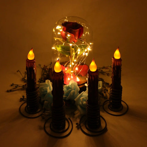 Real Wax Hand Dipped Battery Operated LED Taper Candles Burgundy Six And Three Quarters Inch Flameless Rustic Primitive Decor